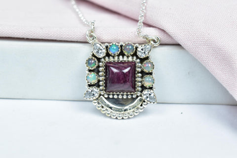 Handmade Sterling Silver Purple Spiny Oyster & Opal Cluster Necklace