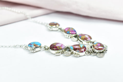 Handmade Pink Dahlia Turquoise & Sterling Silver Necklace with 17 inch Adjustable Chain