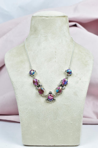 Handmade Pink Dahlia Turquoise & Sterling Silver Necklace with 17 inch Adjustable Chain