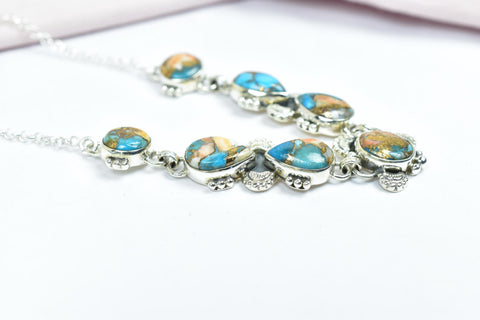 Handmade Spiny Oyster Turquoise & Sterling Silver Necklace with 18 inch Adjustable Chain