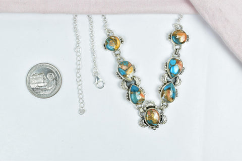 Handmade Spiny Oyster Turquoise & Sterling Silver Necklace with 18 inch Adjustable Chain