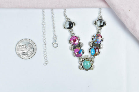 Handmade Pink Dahlia Turquoise & Sterling Silver Necklace with 16 inch Adjustable Chain