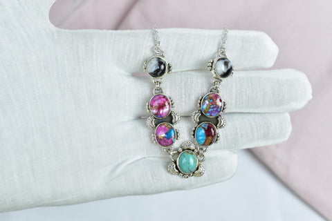 Handmade Pink Dahlia Turquoise & Sterling Silver Necklace with 16 inch Adjustable Chain