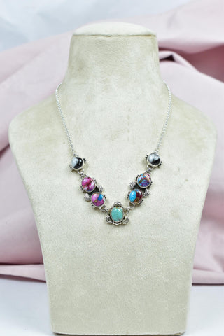 Handmade Pink Dahlia Turquoise & Sterling Silver Necklace with 16 inch Adjustable Chain