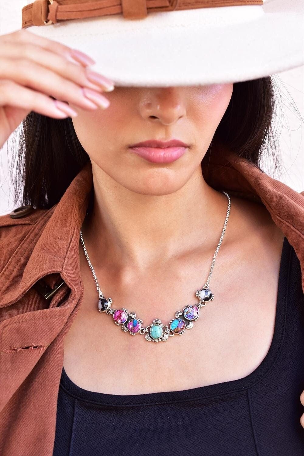 Handmade Pink Dahlia Turquoise & Sterling Silver Necklace with 16 inch Adjustable Chain