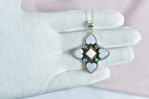 Handmade Pink Conch, Aurora Opal & Sterling Silver Pendant