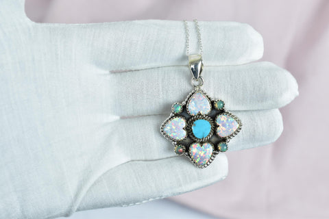 Handmade Turquoise & Aurora Opal Sterling Silver Pendant Necklace