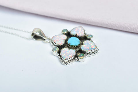 Handmade Turquoise & Aurora Opal Sterling Silver Pendant Necklace