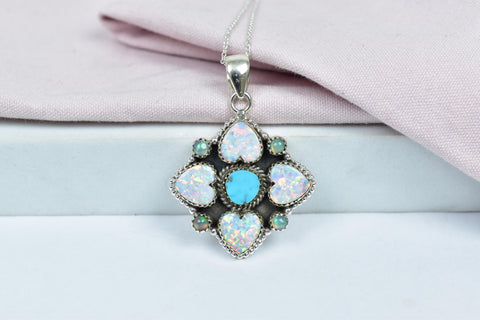 Handmade Turquoise & Aurora Opal Sterling Silver Pendant Necklace