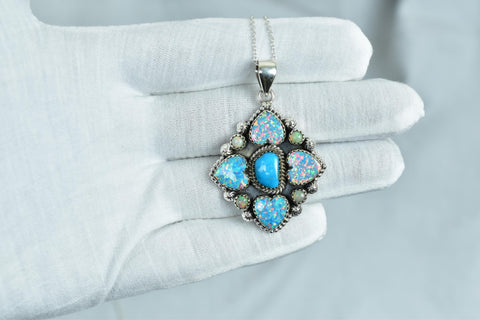 Handmade Aurora Opal & Turquoise Sterling Silver Cluster Pendant with 16 inch Adjustable Chain