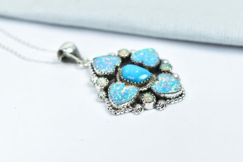 Handmade Aurora Opal & Turquoise Sterling Silver Cluster Pendant with 16 inch Adjustable Chain
