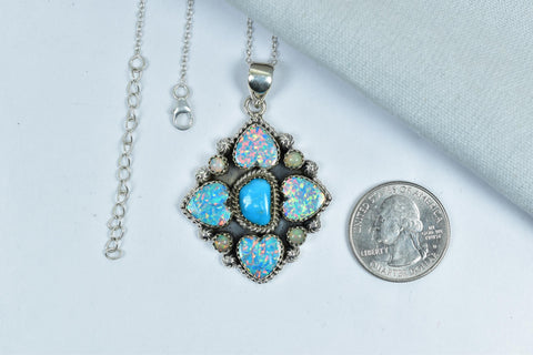 Handmade Aurora Opal & Turquoise Sterling Silver Cluster Pendant with 16 inch Adjustable Chain
