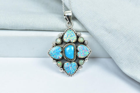 Handmade Aurora Opal & Turquoise Sterling Silver Cluster Pendant with 16 inch Adjustable Chain