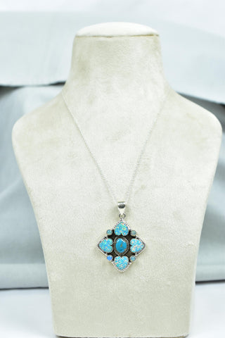 Handmade Aurora Opal & Turquoise Sterling Silver Pendant with 16 inch Adjustable Chain