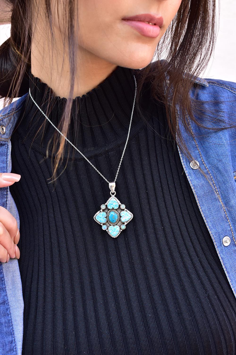 Handmade Aurora Opal & Turquoise Sterling Silver Pendant with 16 inch Adjustable Chain