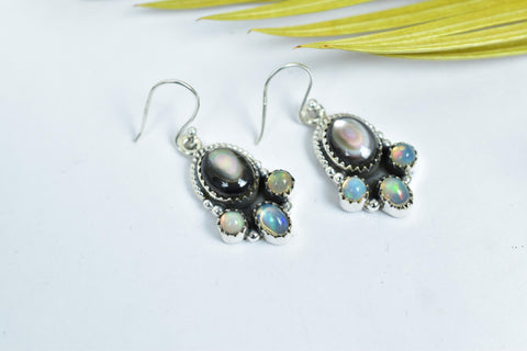 Black Shell Ethiopian Opal Earrings: Sterling Silver Dangle Drop