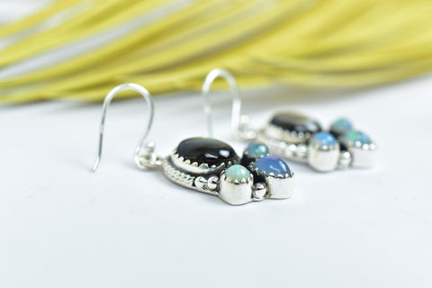 Black Shell Ethiopian Opal Earrings: Sterling Silver Dangle Drop