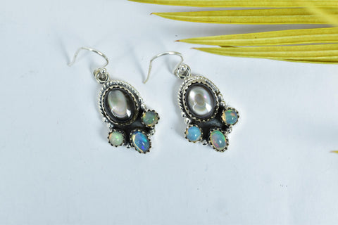 Black Shell Ethiopian Opal Earrings: Sterling Silver Dangle Drop