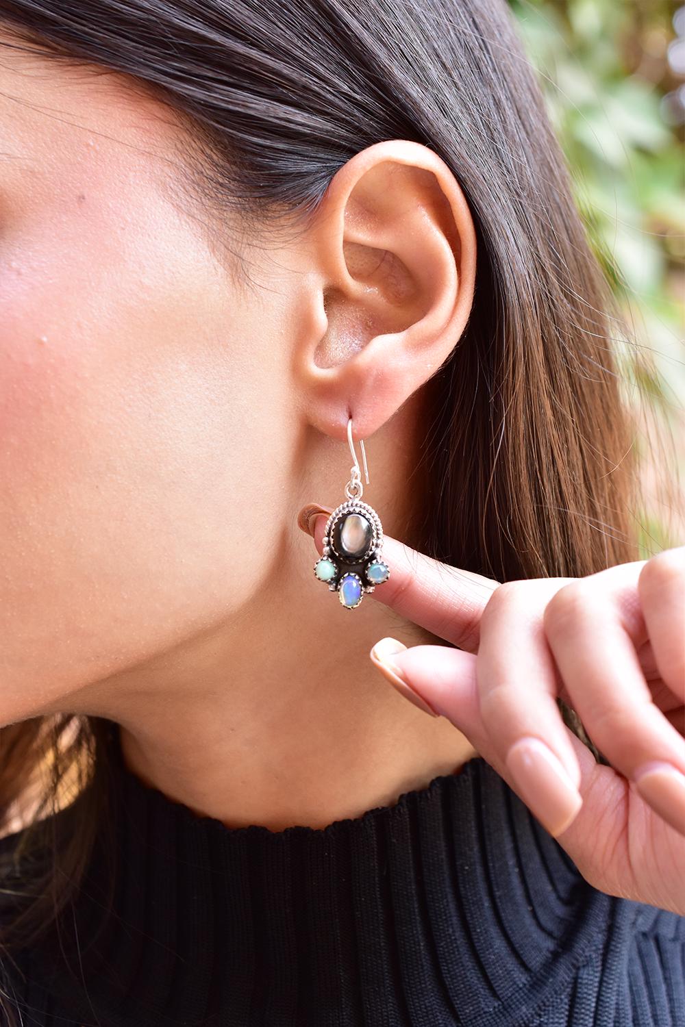 Black Shell Ethiopian Opal Earrings: Sterling Silver Dangle Drop