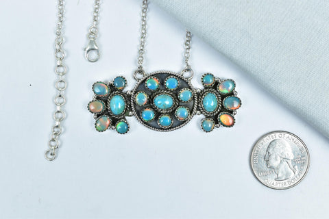 Handmade Aurora Opal & Mojave Turquoise Sterling Silver Necklace with 18 inch Adjustable Chain