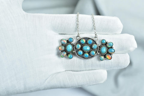 Handmade Aurora Opal & Mojave Turquoise Sterling Silver Necklace with 18 inch Adjustable Chain