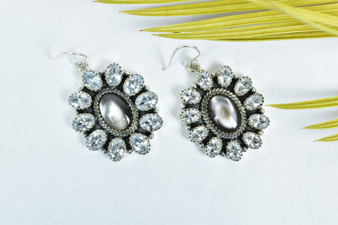 Handmade Black Shell Dangle Drop Earrings, Cubic Zircon 925 Sterling Silver Earring