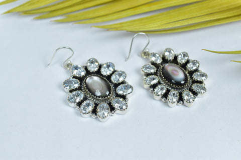 Handmade Black Shell Dangle Drop Earrings, Cubic Zircon 925 Sterling Silver Earring