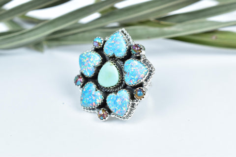 Handmade Sparkling Opal & Sterling Silver Adjustable Ring, Heart Statement Cluster Ring for Women