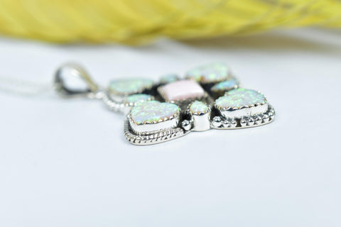 Handmade Pink Conch, Aurora Opal & Sterling Silver Pendant