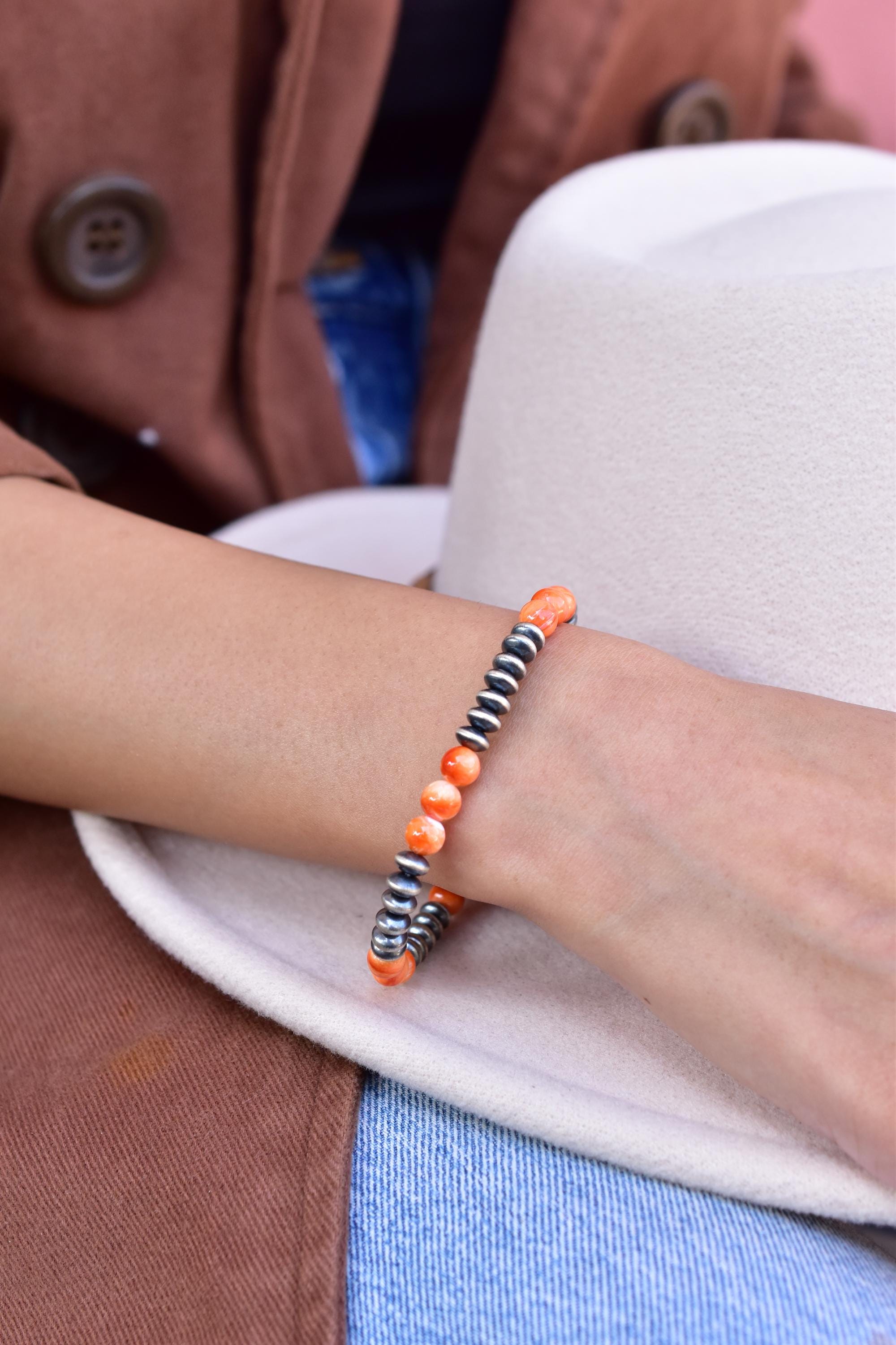 Handmade Sterling Silver Pearls & Orange Spiny Oyster Turquoise Stretch Bracelet