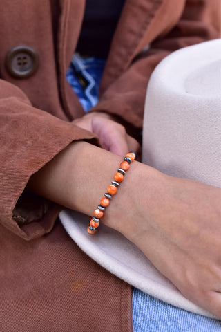 Handmade Sterling Silver Pearls & Orange Spiny Oyster Turquoise Stretch Bracelet