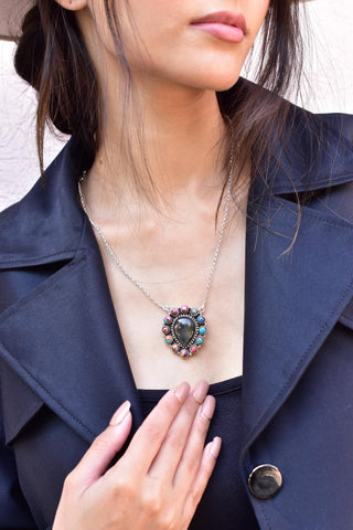 Handmade Black Shell & Pink Dahlia Turquoise Necklace in 925 Sterling Silver
