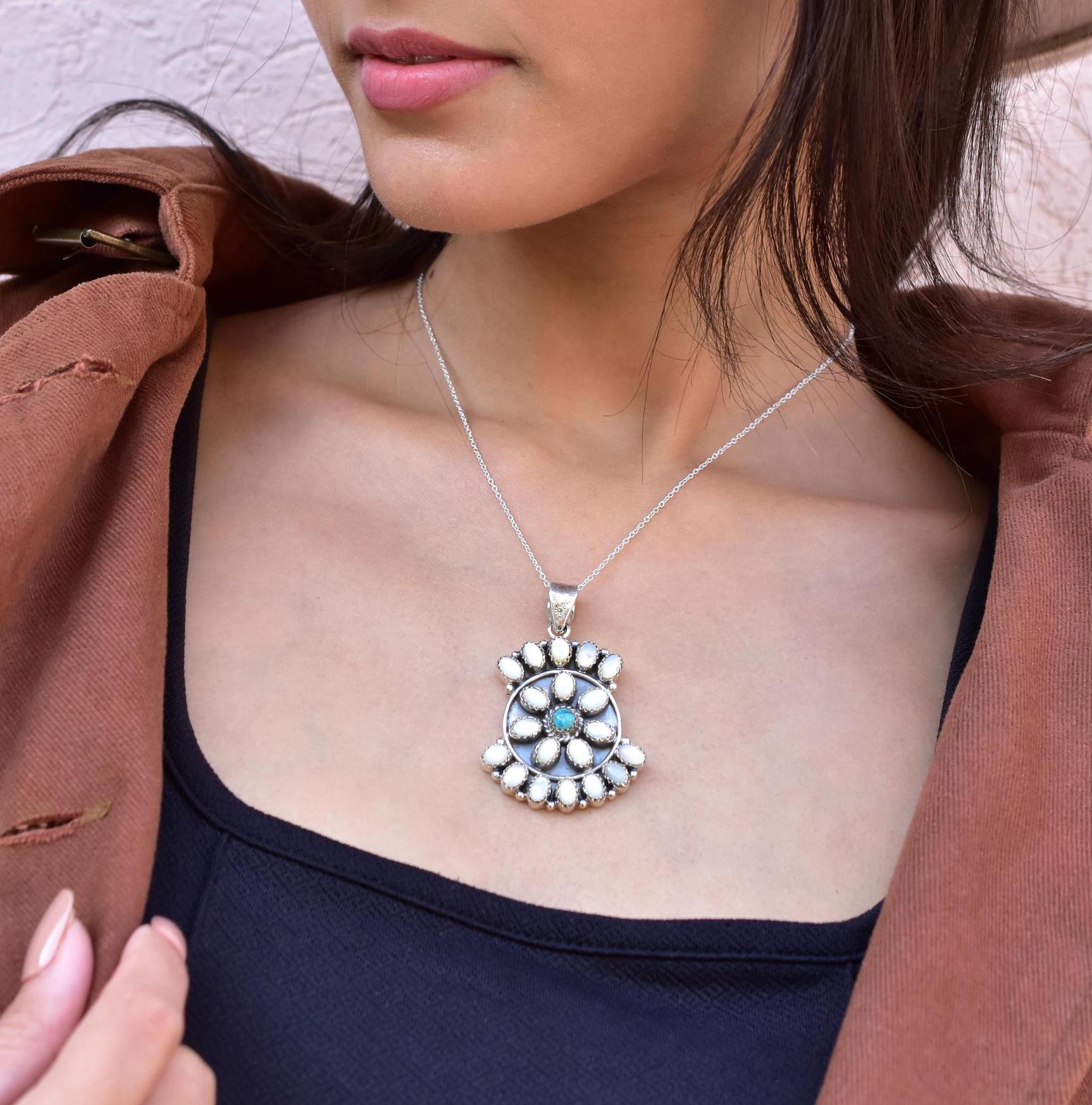 Sterling Silver Turquoise & Mother of Pearl Pendant Necklace