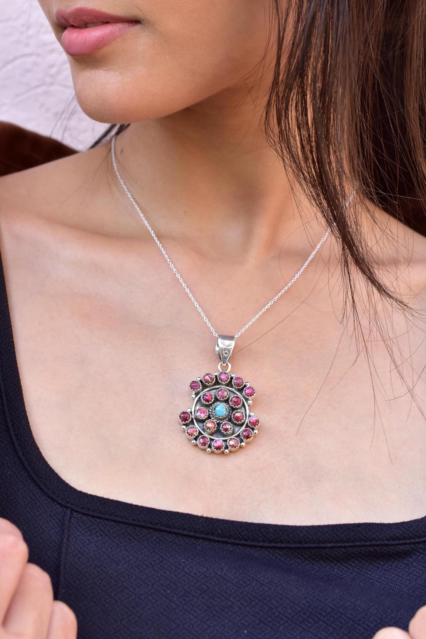 Handmade Pink Dahlia Turquoise & Sterling Silver Cluster Pendant with 18 Inch Adjustable Chain