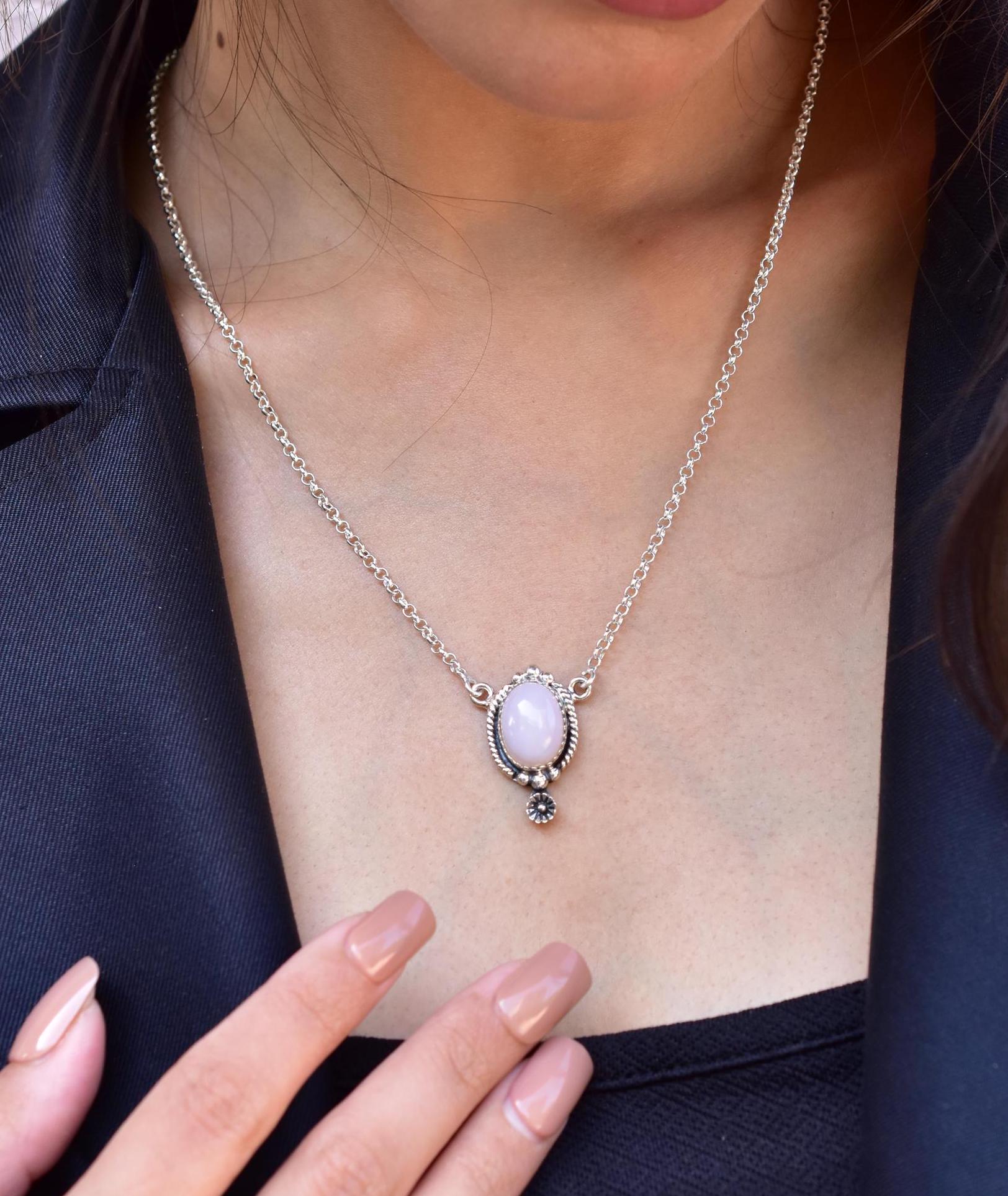 Handmade Pink Opal & Sterling Silver Necklace with 18 Inch Adjustable Chain