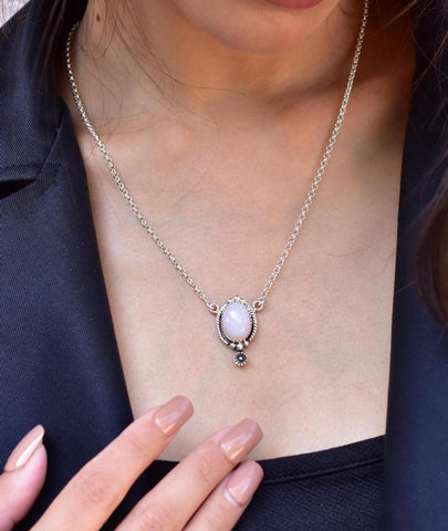 Handmade Pink Opal & Sterling Silver Necklace with 18 Inch Adjustable Chain