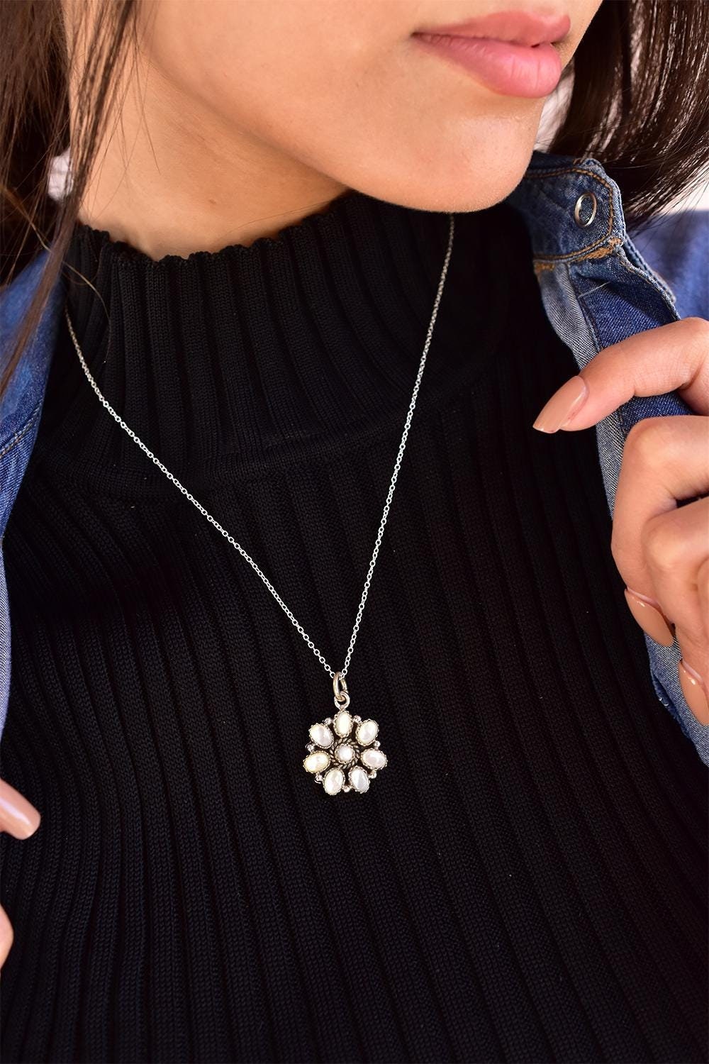 Handmade Mother of Pearl Pendant Sterling Silver Pendant with 16 inch Adjustable Chain