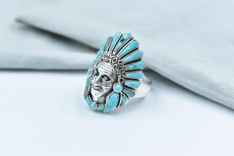 Turquoise Chief Head Ring: 925 Sterling Silver Adjustable Statement Ring