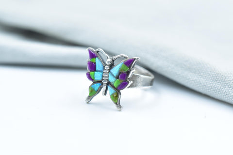 Handmade Aurora Opal & Sterling Silver Adjustable Butterfly Ring
