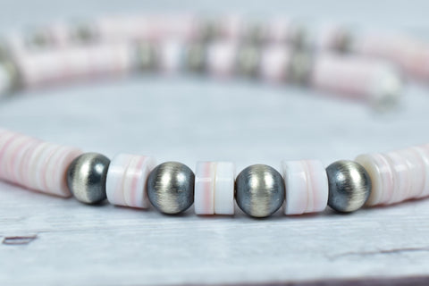 Handmade Pink Conch & Sterling Silver Pearl 8MM Beaded Necklace 18" Inch Long