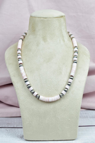 Handmade Pink Conch & Sterling Silver Pearl 8MM Beaded Necklace 18" Inch Long