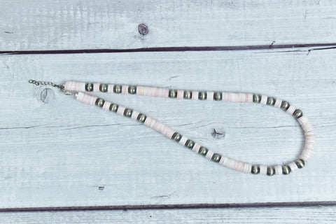 Handmade Pink Conch & Sterling Silver Pearl 8MM Beaded Necklace 18" Inch Long