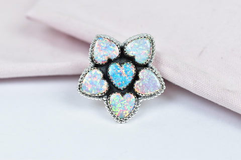 Handmade Aurora Opal & Sterling Silver Adjustable Ring, Heart Statement Ring for Women
