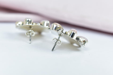 Handmade Pink Opal Sterling Silver Stud Earrings with Cubic Zircon