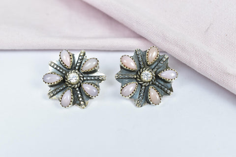 Handmade Pink Opal Sterling Silver Stud Earrings with Cubic Zircon