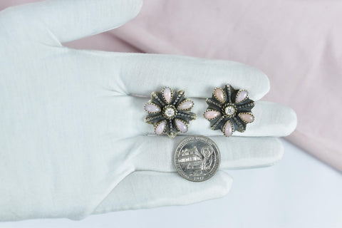 Handmade Pink Opal Sterling Silver Stud Earrings with Cubic Zircon