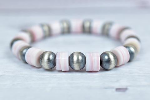 Handmade Sterling Silver Pearls & Pink Conch Stretch Bracelet