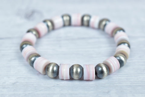Handmade Sterling Silver Pearls & Pink Conch Stretch Bracelet