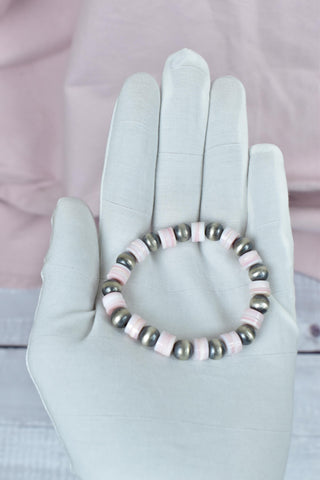 Handmade Sterling Silver Pearls & Pink Conch Stretch Bracelet
