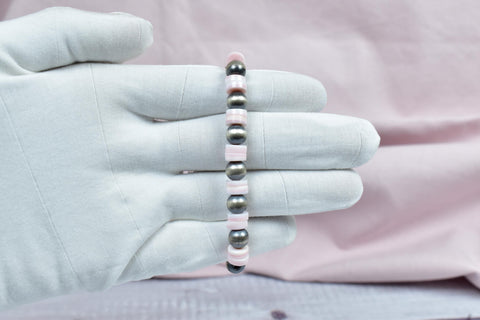 Handmade Sterling Silver Pearls & Pink Conch Stretch Bracelet